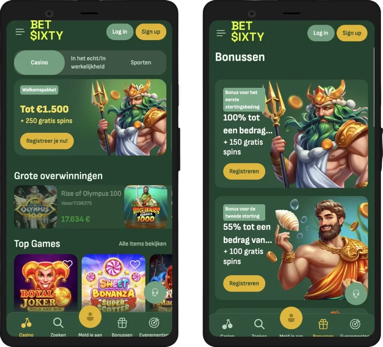 Mobiele versie en casino app interface van BetSixty op een smartphone